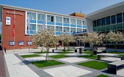 Lesegarten der Stadtbibliothek mit Bänken und blühenden Bäumen.